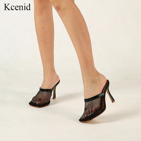 

slippers kcenid square head high heel mesh summer fashion slip on thin slides women mules party shoes size 35-42, Black