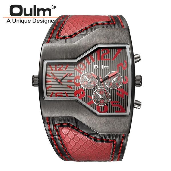 

wristwatches oulm snakeskin leather sports watches men double time show military clock male casual quartz wristwatch hours, Slivery;brown