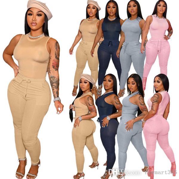 Designer womens duas peças pants set 2022 roupas primavera verão tracksuit sem mangas colete calças com bolso cor sólida casual senhoras terno