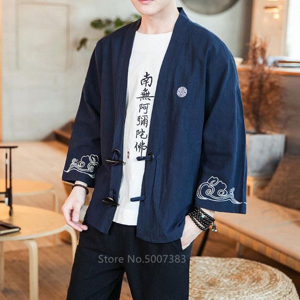 

haori emboridery men samurai costume japanese style harajuku fashion coat linen kimono cardigan autumn spring women jacket ethnic clothing, Red