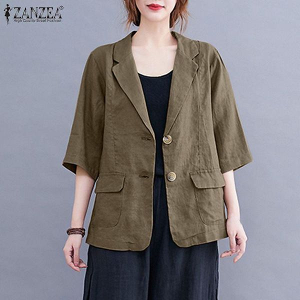 

women's suits & blazers casual elegant lapel button thin coats summer women cotton 3/4 sleeve blazer vintage solid down ol tunic jack, White;black