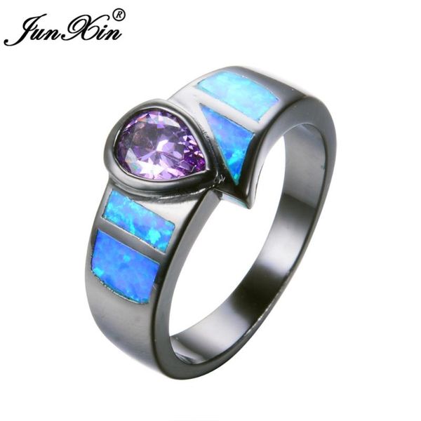 

men women purple water drop ring black gold filled vintage wedding rings blue fire opal fashion jewelry, Slivery;golden