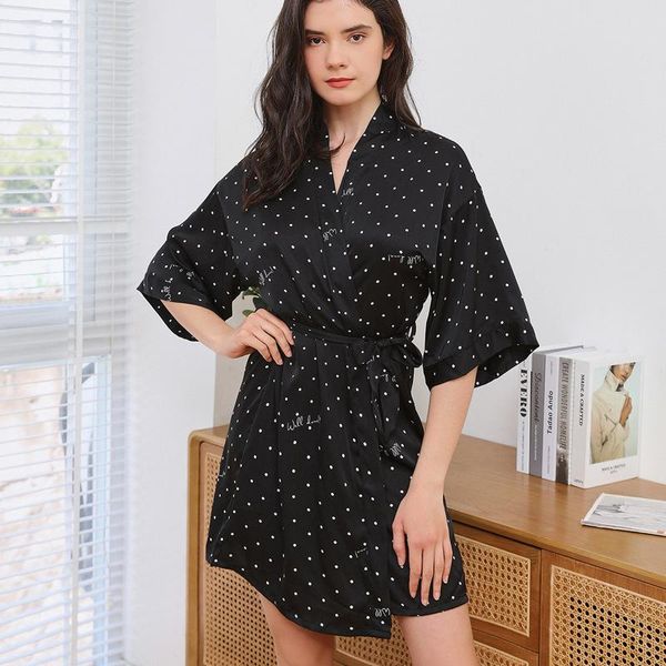 

women's sleepwear print dot women robe satin kimono bathrobe gown summer bridal wedding gift intimate lingerie loose home wear, Black;red