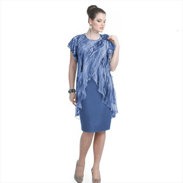 

bigsweety summer elegant clothing women dresses knee length fake two piece chiffon ruffles fashion plus size, Black;gray