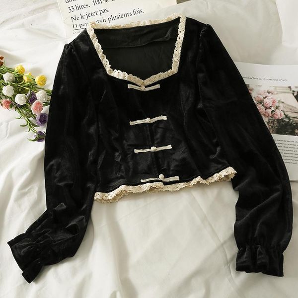 

women's blouses & shirts spring fall vintage woman ladies lace patchwork square collar black velvet shirt , women slim lantern sleeve v, White