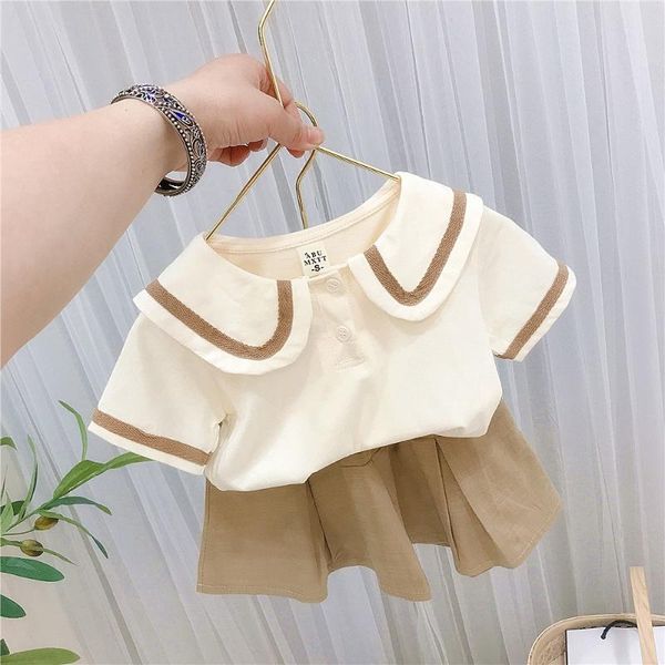 

clothing sets summer preppy style children's girls kids 2pcs suits short sleeve lapel collar t-shirt + pleated skirts, White