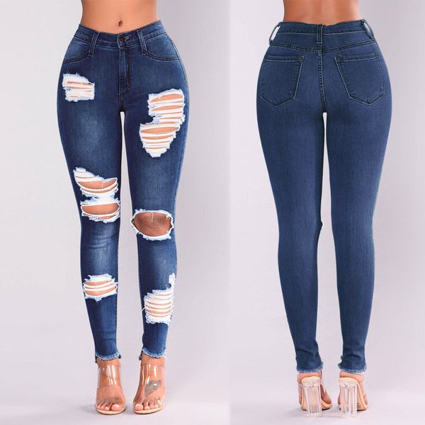 

fashion jeans for women holed leggings women's 2021 spring and autumn tights wash jeans, Blue