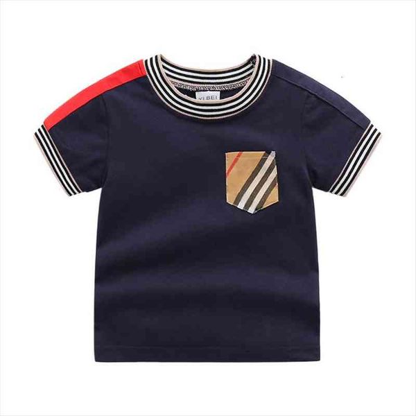 

summer fashion kids clothes o neck cotton plaid stripe patchwork short sleeved baby boys girls t shirt 1 6, Blue