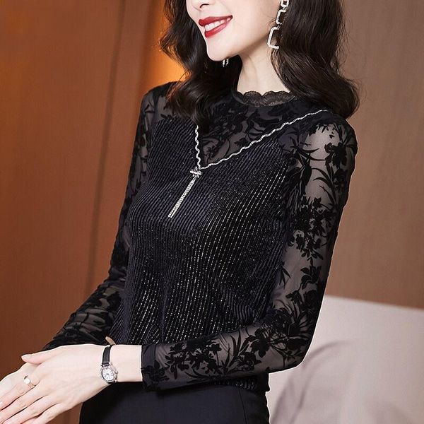 

women's blouses & shirts blouse women shirt lace 2021 autumn and winter long-sleeved female black blusas mujer de moda, White