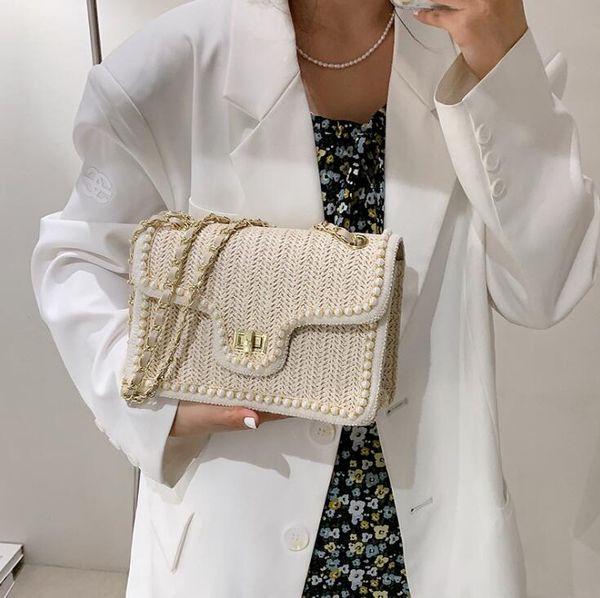 

factory wholesale women handbag small fresh straw beach bag sweet ladies woven handbags literary sense large pearl womens messenger bags, Black;red