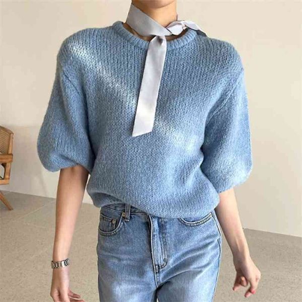 

korean spring simple basic haze blue o neck loose wild puff sleeve sweater women casual jumpers 210508, Black