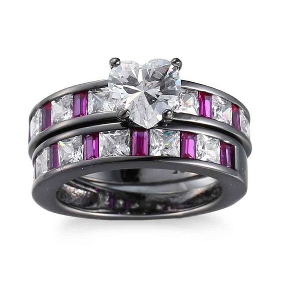 Anéis de casamento 2pcs yayi jóias de alta qualidade princesa cortada branca zircônia cúbica preta coloração de ouro conjunto de presentes caros