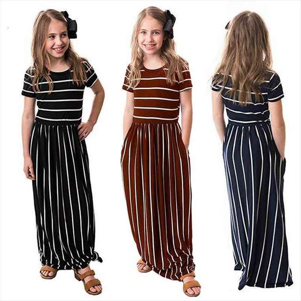 

girls striped long dress teenager beach party bohemia maxi dress with pocket kids casual sundress outfits beachwear for children, Red;yellow
