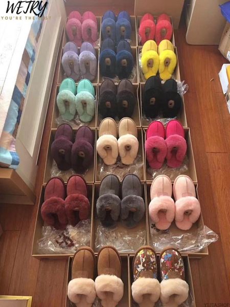 

slippers leather real wool faux fur warm shoes women wear flat pink plus size, Black