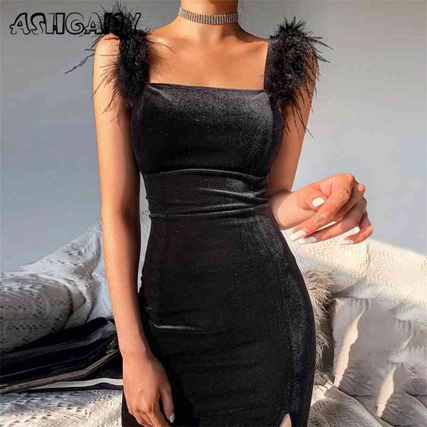 

ashgaily new velvet dress women sleeveless dress solid feathers bodycon clothes party club outfits femme 210331, Black;gray