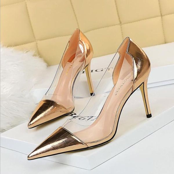

high heels women's shoes shallow pointed metal transparent hollow stitching nightclub d716 dress, Black