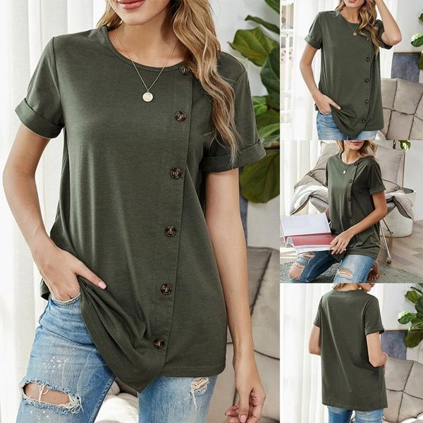 

round neck button front casual women shirt and summer home style ladies short sleeve knit solid t-shirt women's, White