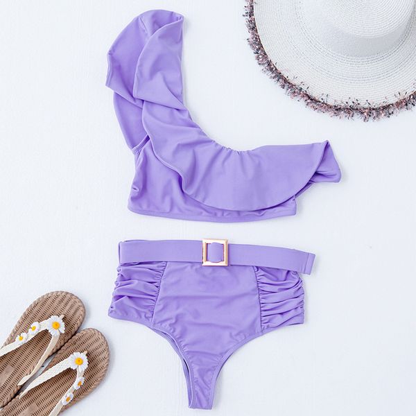 

one shoulder ruffled female swimsuit high women swimwear two-pieces bikini set waist belt bather bathing suit swiming