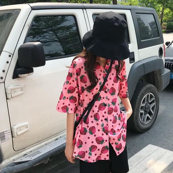 

fashion short sleeve daily pink women shirt red sweet strawberry print casual woman girl clothing high quality, White