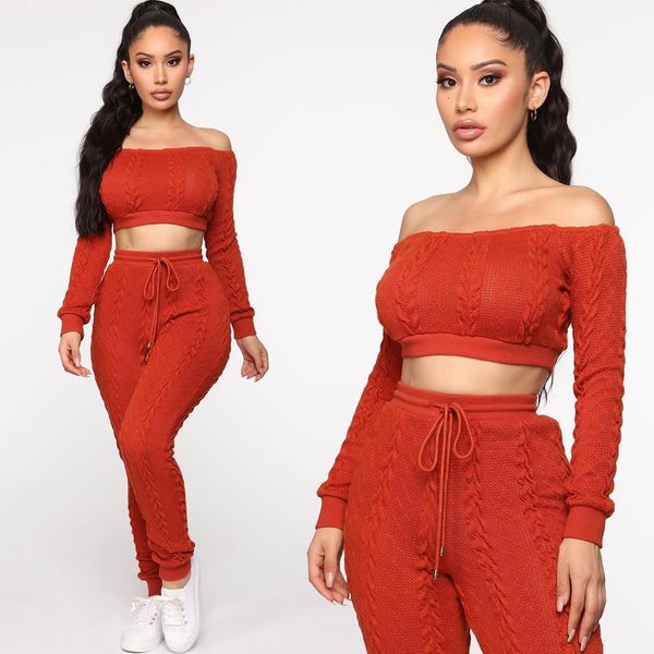 

women's tracksuits 111903 knitted sweater off shoulder autumn 2 piece set women long sleeve crop and pants suit two sg1l, Gray