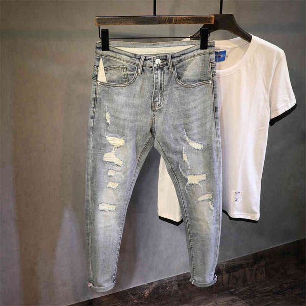 

jeans korean style fashion men jeans retro light blue elastic slim fit ripped denim pencil pants streetwear designer hip hop trousers