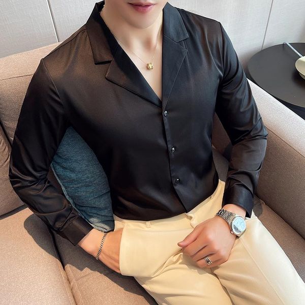 

men's casual shirts business slim v-neck men solid color long sleeve shirt social office formal dress party male clothing, White;black