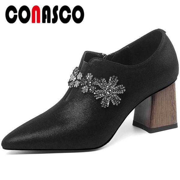 

dress shoes conasco classic design woman pumps genuine leather spring casual side zipper rhinestone pointed toe thick heels, Black