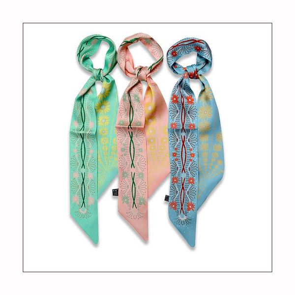 

style print long silk scarves tied bag korea hair band narrow small scarf ribbon women skinny headband, Blue;gray