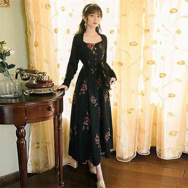 Полный рукав вечерняя вечеринка ночное платье цветочные вышивки черные длинные женщины лодыжки винтажный жаккард 210603