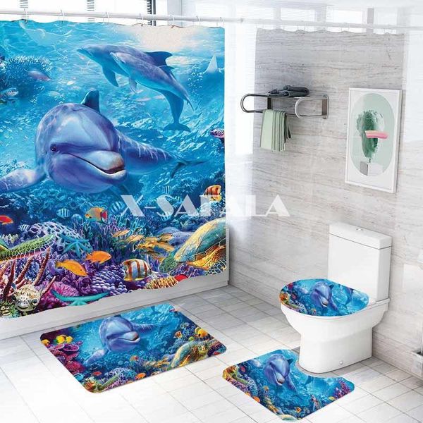 

toilet seat covers the underwater world bathroom decor mildew-proof waterproof shower curtain+ non slip pedestal rug+ lid cover-2