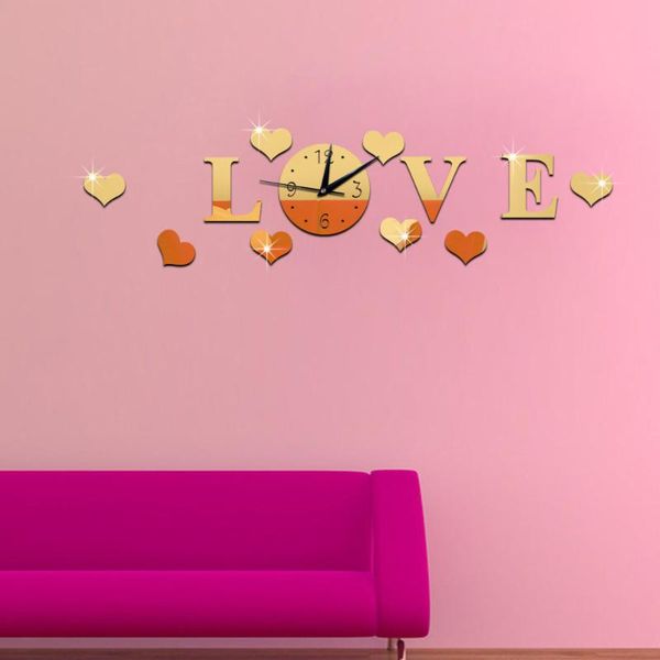

love crystal mirror wall clock diy acrylic creative clocks home decor stickers