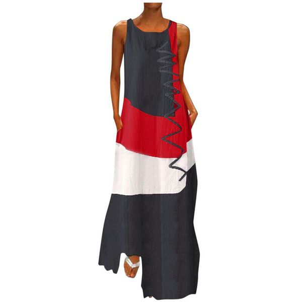 

casual dresses 2021 womens sunmmer sundress stitching maxi dress sleeveless tunic vestidos female cotton linen robe vestido de mujer, Black;gray