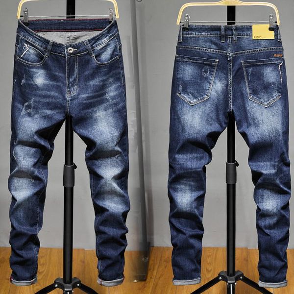 

men's jeans spring and summer korean version of the trend personality hole patch youth slim pants, Blue