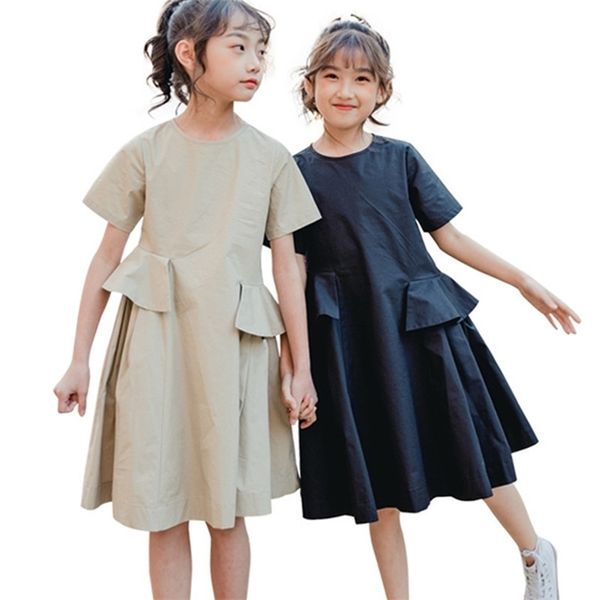 

3 to 14 years kids & teenager girls summer casual peplum ruffle flare dress children girl fashion solid dresses clothing 210317, Red;yellow
