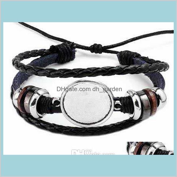 Cazibe bilezikler moda diy çok katmanlı deri bileklik bileklik boş taban uygun 20mm yuvarlak po cam cabochon ayarı çerçeve tepsi takılar