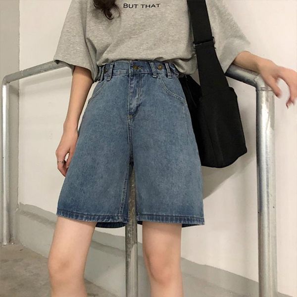 

women's denim shorts high waist button five-point 2021 harajuku fold wide legs blue female clothing, White;black
