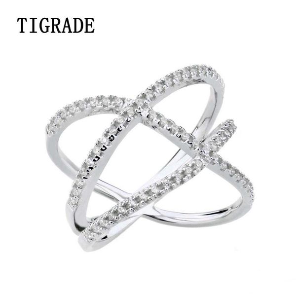 

cluster rings tigrade cross cubic zirconia 925 sterling silver ring women eternity wedding band simple for female, Golden;silver