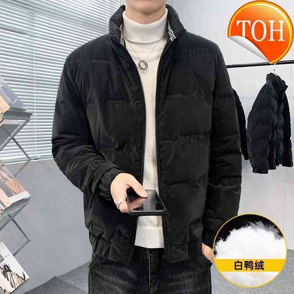 

run 2021 winter down new jacket men's short stand collar letter embossed warm and windproof casual coat, Black