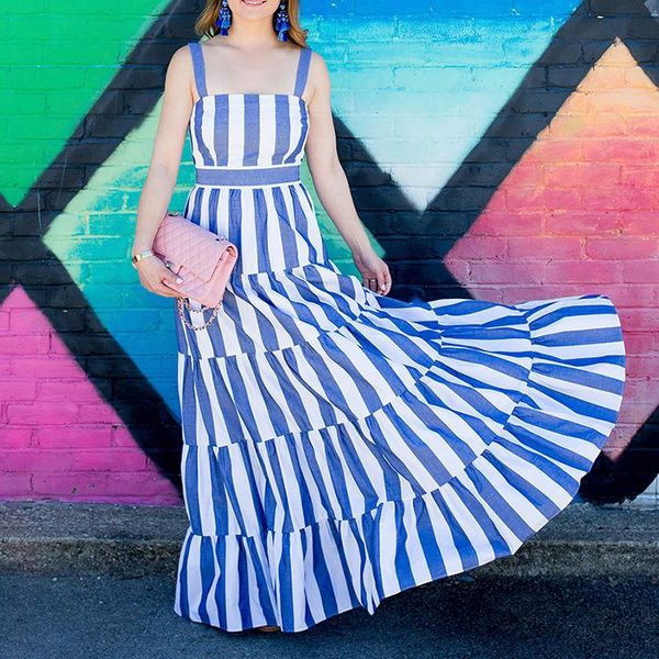 

casual dresses autumn suspender dress women's blue and white stripe elegant temperament closed waist large swing, Black;gray