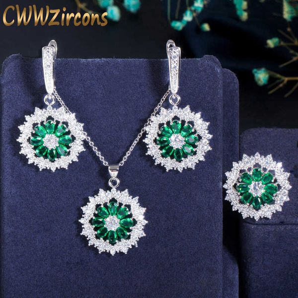 

3 piece green flower zirconia necklace earring and ring fashion silver color women cz jewelry sets accessories 27 210714