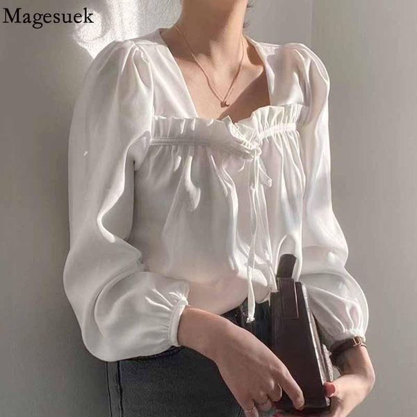 

women's blouses & shirts autumn korean long sleeve square collar puff lace-up shirt pleated vintage blusas 16367, White