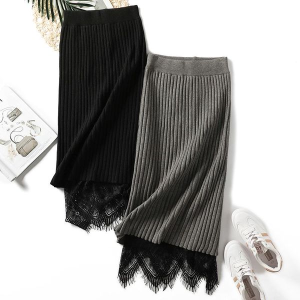 

skirts knitted lace 2021 skirt fashion slim long casual pencil femme, Black