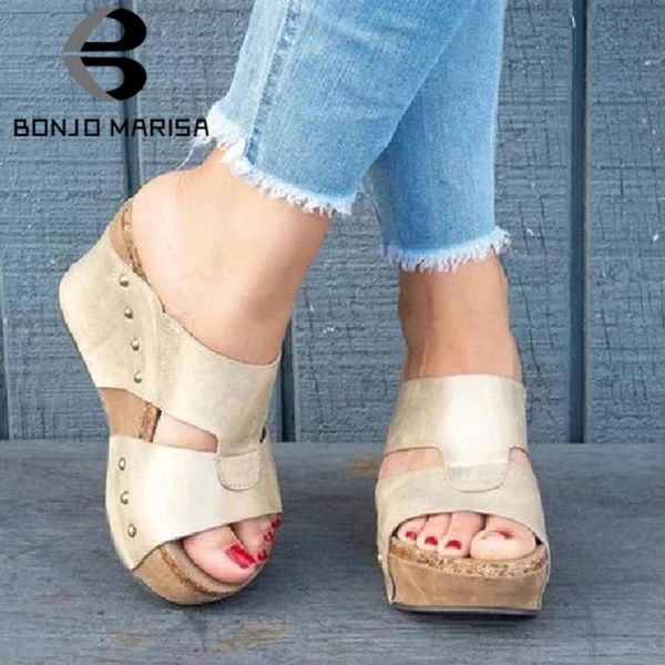 

slippers bonjomarisa leisure lady platform solid rivet open toe sewing wedges women 2021 causal high heels shoes woman, Black