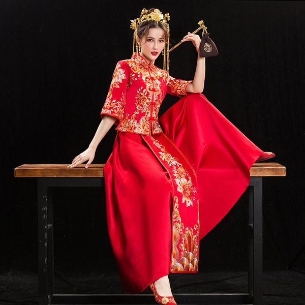 

ethnic clothing oversize 4xl simple style retro chinese marry satin cheongsam flower embroidery bride groom wedding dress, Red