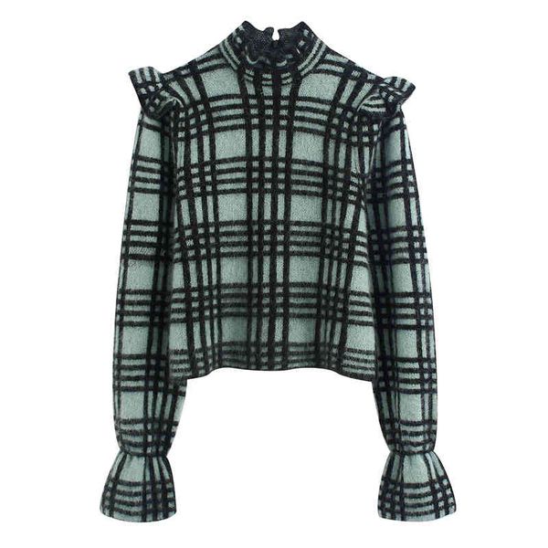 

vintage ruffles plaid printed sweater women fashion casual o neck pullovers elegant ladies lantern sleeve sweaters 210520, White