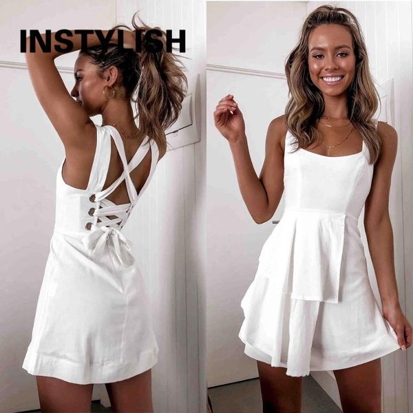 

casual dresses women elegant solid backless lace up patchwork mini dress sleeveless tank white black beach party a line, Black;gray
