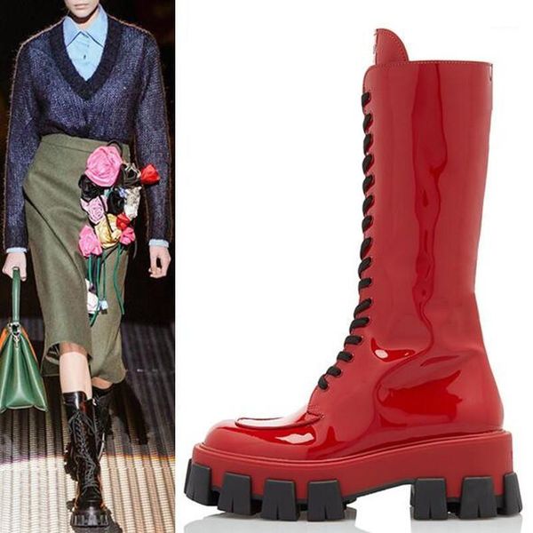 

boots womens platform mid calf patent leather lace up muffin chunky heel riding fashion shoes 3colors luxury f581, Black