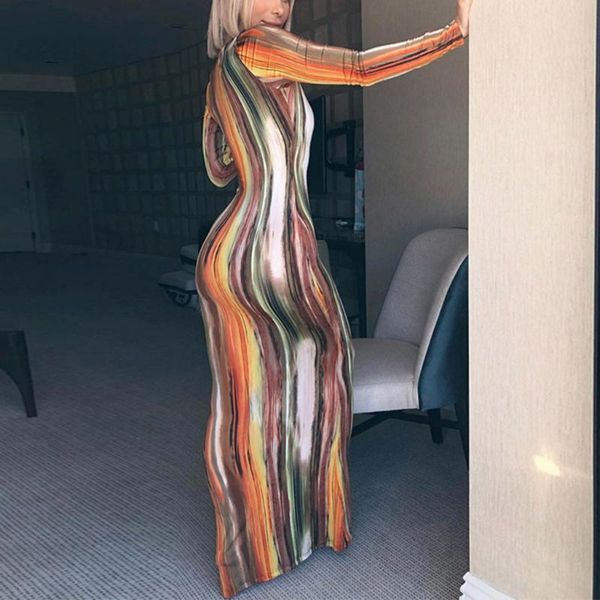 

maxi dresses for women stripe printing deep v-neck long sleeve evening party bandage tunic midi dress elbise casual, Black;gray