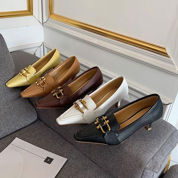 

dress shoes 2021 brand designer women pumps metal buckle square toe slip on low heels elegant office ladies, Black