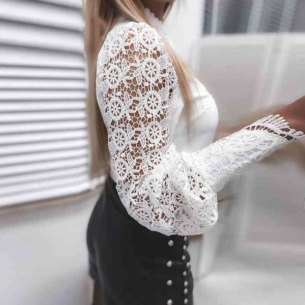 

elegant women hollow out lace turtleneck 2021 spring fashion solid blouse shirts office ladies long sleeve patchwork blusas, White
